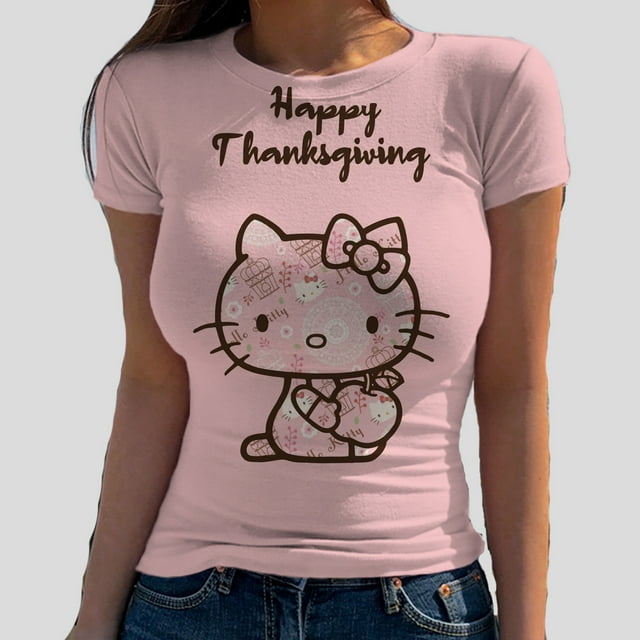 Hello Kitty Impression 3D Aguichant Basique T-shirts à Manches Courtes Été Aguichant Femmes Col Rond T-shirt à Manches Courtes Ajusté Élastique Ajusté Haut