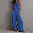 thumbnail image 2 of Women's Summer Solid‑Color Halter Sleeveless Wide‑Leg Jumpsuit Casual One‑Piece Pants with Side Pockets Blue XL(XL), 2 of 5