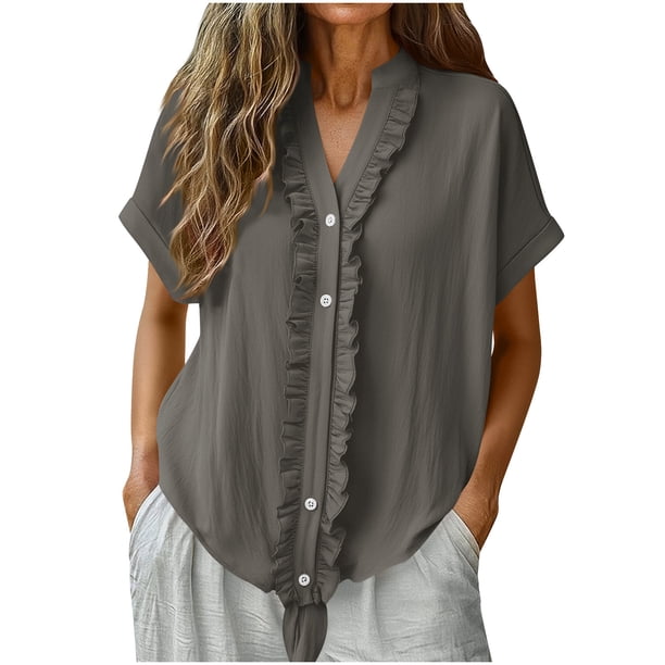 Tops de Manga Larga de Encaje para las Mujeres Más Tamaño Botón Cuello en V Color Sólido Suave Y Transpirable Blusa para Uso Diario Informal