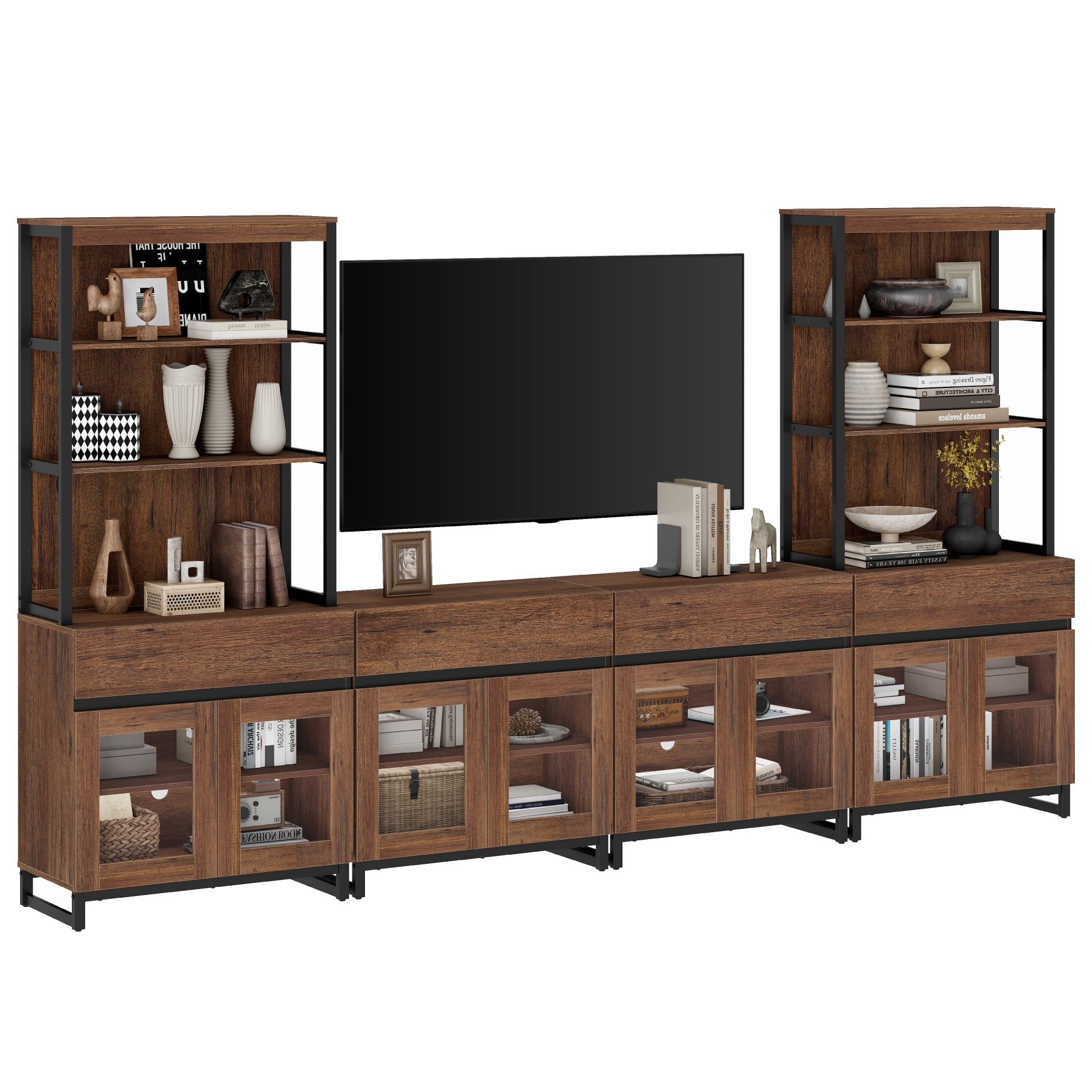 WAMPAT Modern Farmhouse TV Stand with 3-Tier Bookshelf & 4 Large Storage Cabinets, Adjustable Shelf and 4 Drawers Wooden Media Console with Glass Doors, Entertainment Center for Living Room