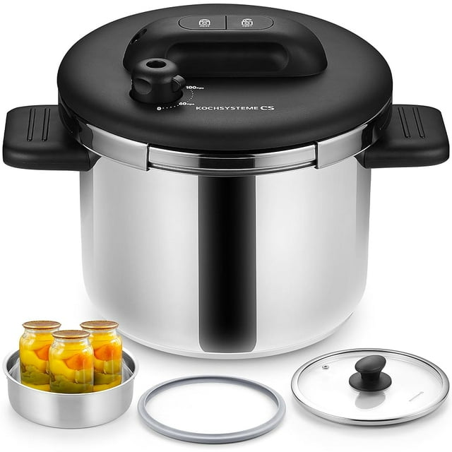Koch Systeme CS 6.3-quart Stainless Steel Pressure Cooker, Safe & Durable Design, Suitable for All Stovetops, 3 PSI Settings, 3-In-1 6 Litre Pressure Cooker