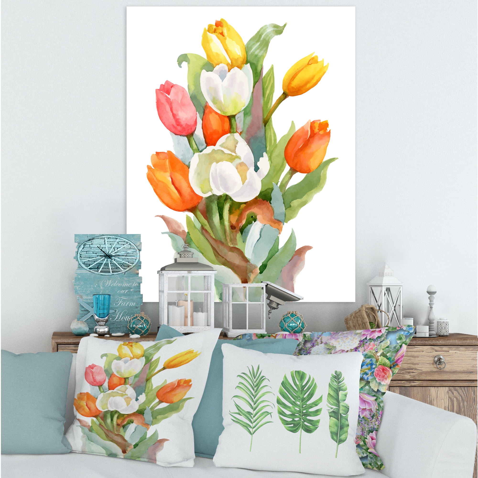 Designart ' Blooming Orange and White Tulips Flower ' Traditional Canvas Wall Art Print