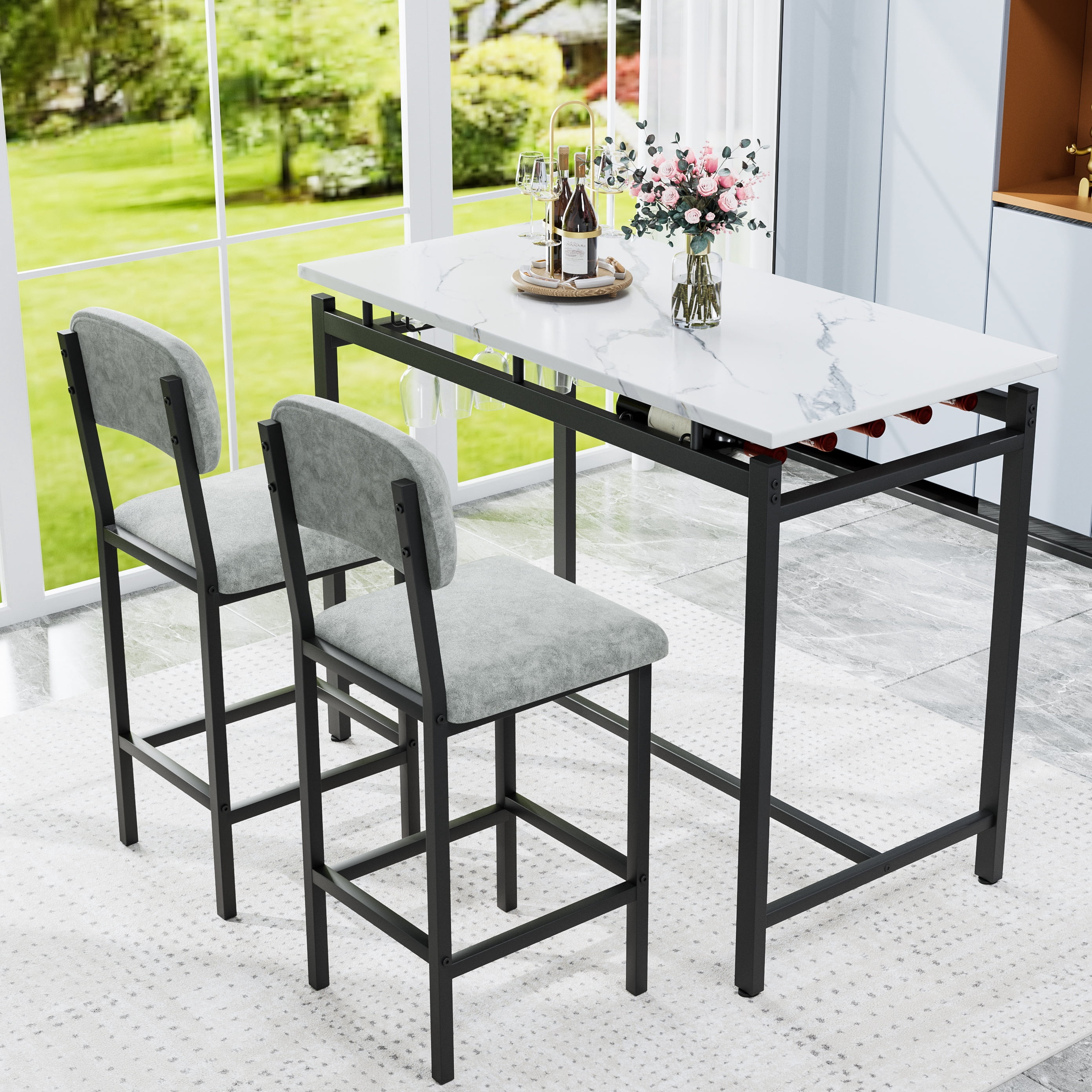 Aukfa Bar Dining Table Set&nbsp;for 2, Kitchen Table Set w/ Wine Rack &Upholstered Chairs for Small Spaces, Gray