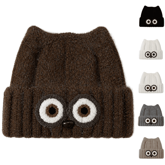 Women's Owl Ear Knit Beanie Hat Cute Animal Face Winter Warm Knitted Cap Fuzzy Lined Ski Hat for Fall Winter