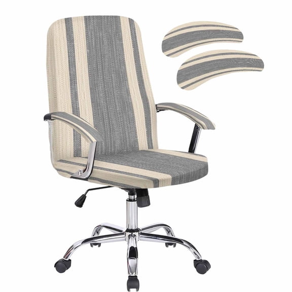 Office Chair Cover with Armrest Covers & Zipper Grey Beige Linen Stripes Computer Chair Covers Stretchable Removable Vertical Striped Universal Rotating Desk Chair Slipcovers Seat Protectors Medium
