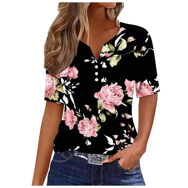 Camisetas Casuales de Mujer con Cuello en V Camiseta de Color Sólido, Manga Corta Casual Top para el Uso Diario