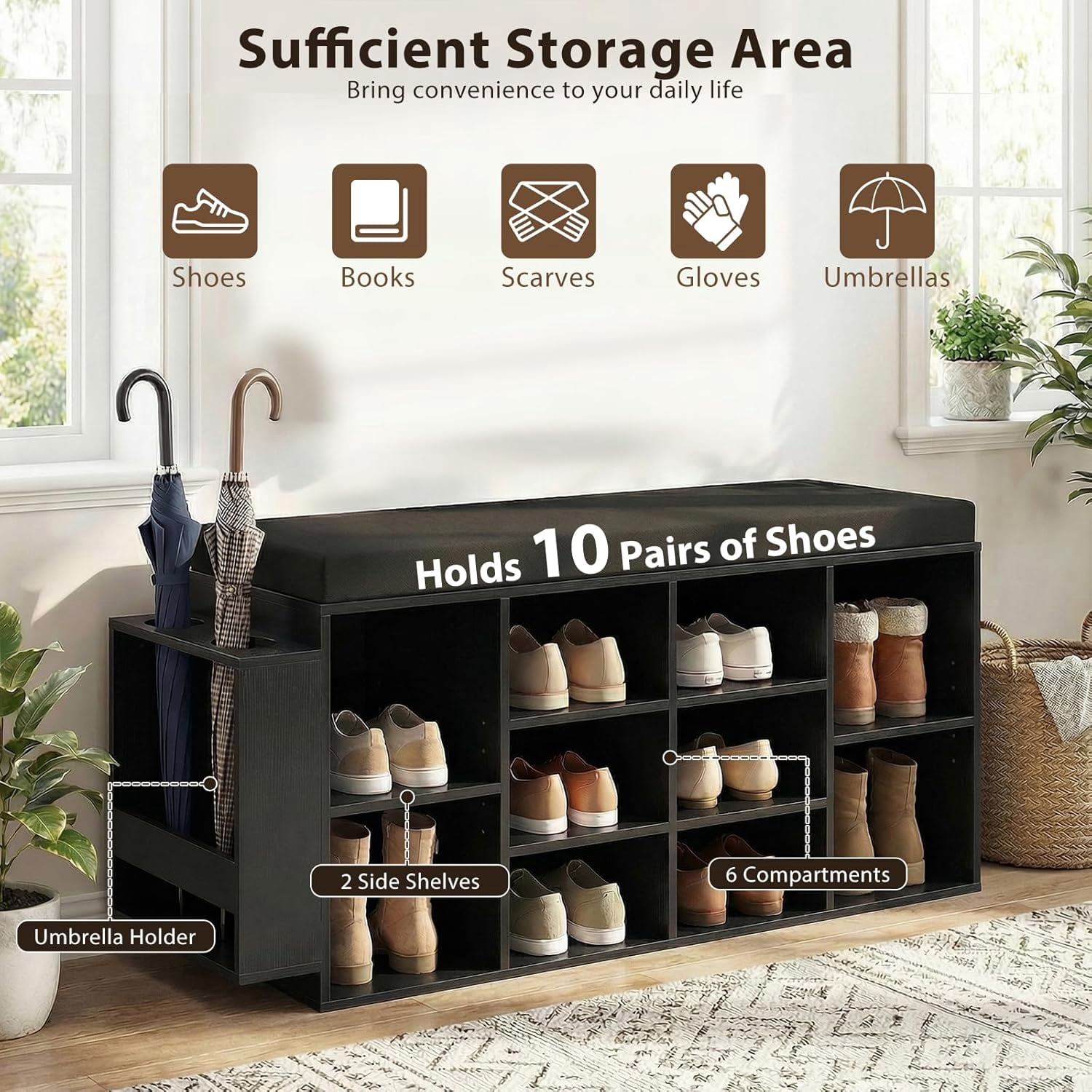 Shoe Storage Bench with Umbrella Holder, 40" Shoe Organizer with Cushioned Seat, 10 Cubbies & Adjustable Shelves, Wooden Industrial Shoe Rack for Entryway, Living Room, Bedroom