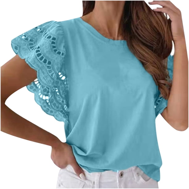 Moda mujer verano manga corta cuello redondo volantes manga encaje Patchwork camisetas camiseta Tops blusa Fridja bn6117