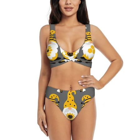 Zeuib Bee Kind High Waisted Tummy Control Bikini Set - Knot Front Push Up Top & Cheeky Thong Bottom  Two-Piece Swimsuit for Women-Large