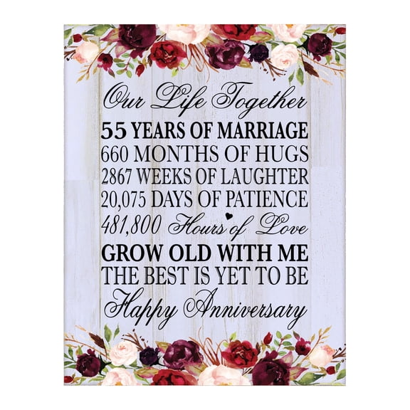 LifeSong Milestones 12x15 55th Anniversary Wall Plaque 55 Years of Marriage Floral Border (White Distressed)