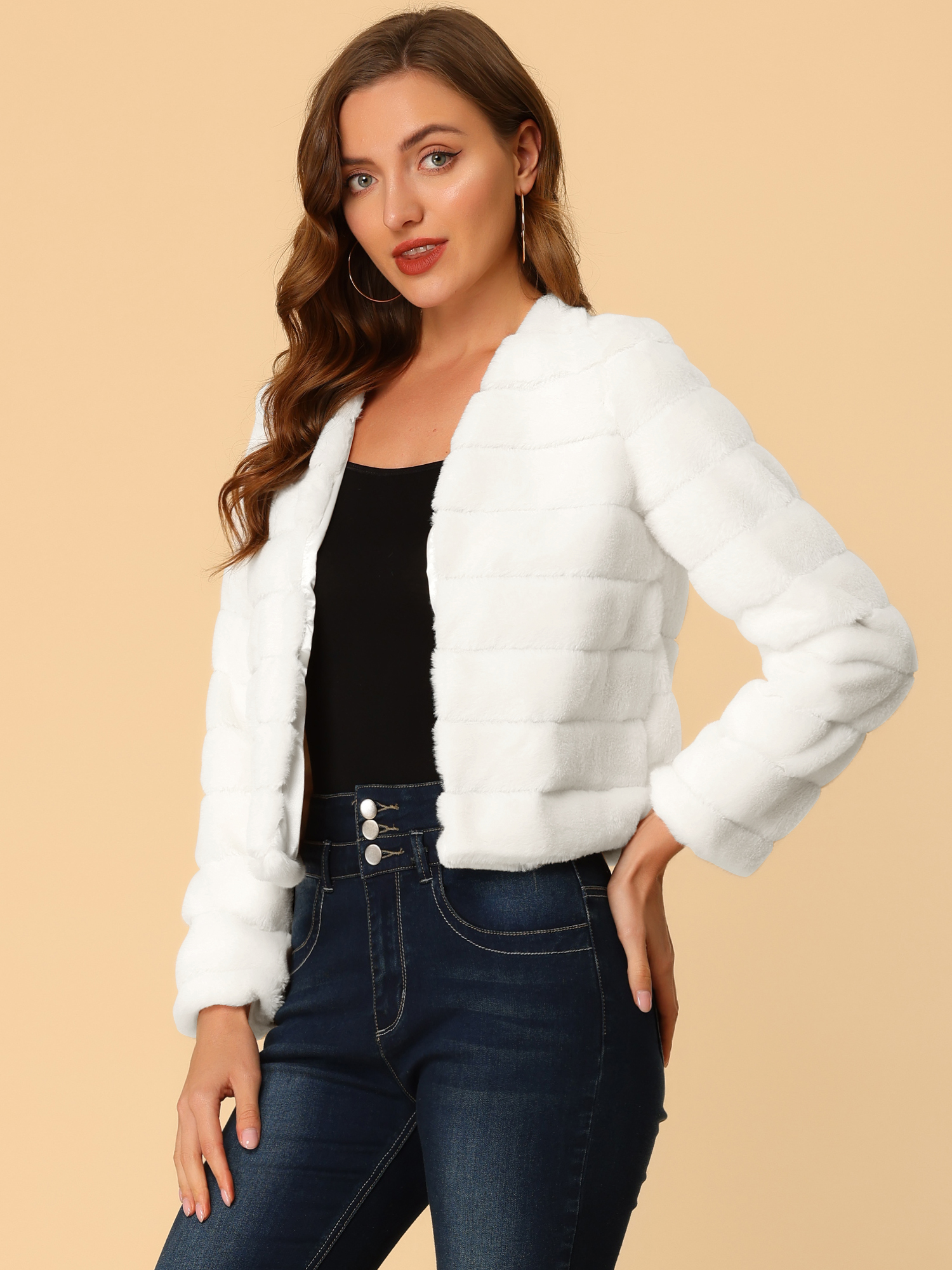 DARING DIVA Women's Long Sleeve Collarless Shaggy Soft Faux Fur Coat S White
