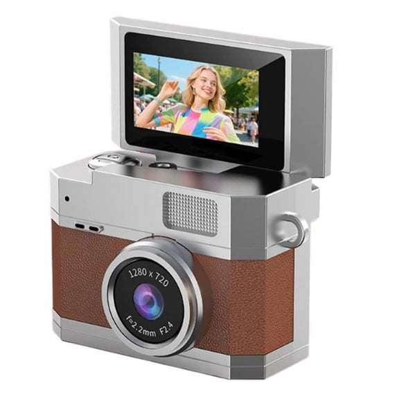 Mini Keychain Digital Camera with Flip Screen, Pocket Photo & Video Camera with 64GB Card, Wearable Pendant Camera for Selfie, Travel & Vlogging (Brown)