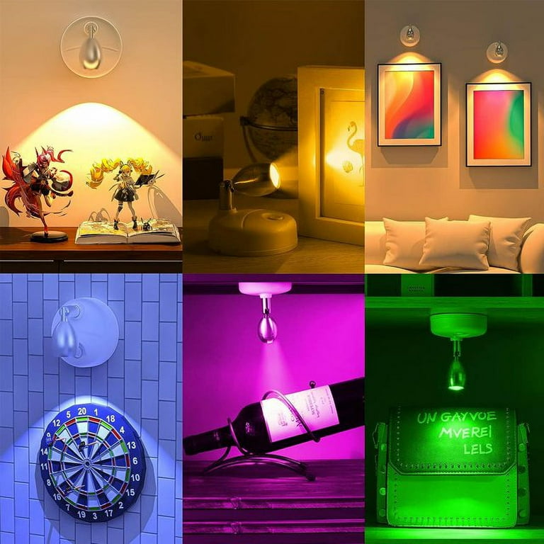 IFCOW 2pcs Wireless Spotlight Wireless Battery Operated Spotlights Stick on RGB LED Lights Dimmable Art Lights Remote Rotatable Wall Light