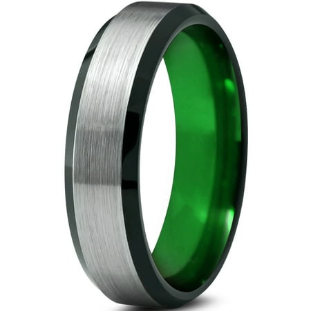 Tungsten Wedding Band Ring 6mm for Men Women Green Black Beveled Edge ...