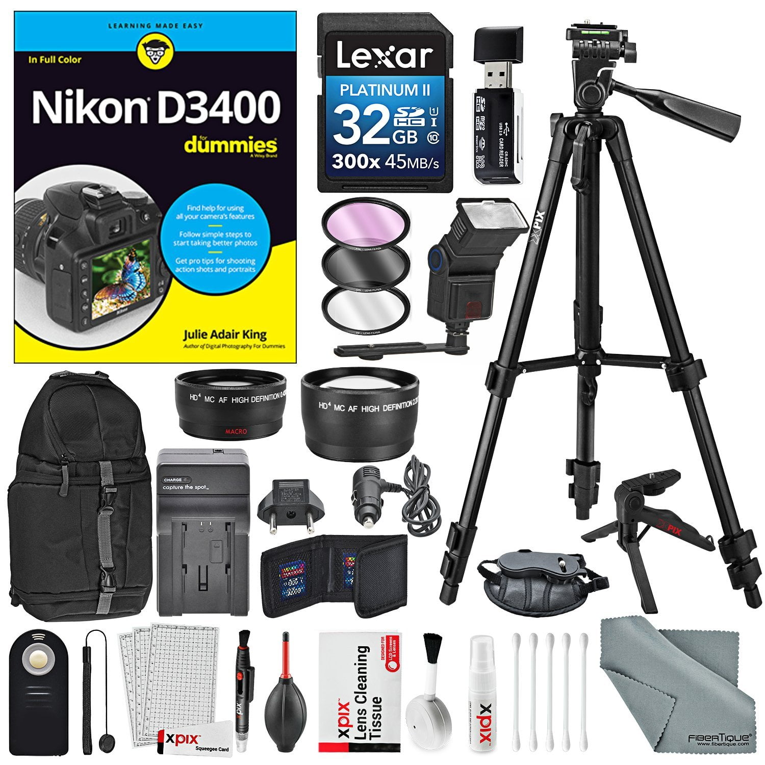 Nikon D3400 for Dummies + Deluxe Accessory Bundle with Xpix Tripods, Lenses, Filters, DSLR Remote, Xpix Cleaning Kit - Walmart.com