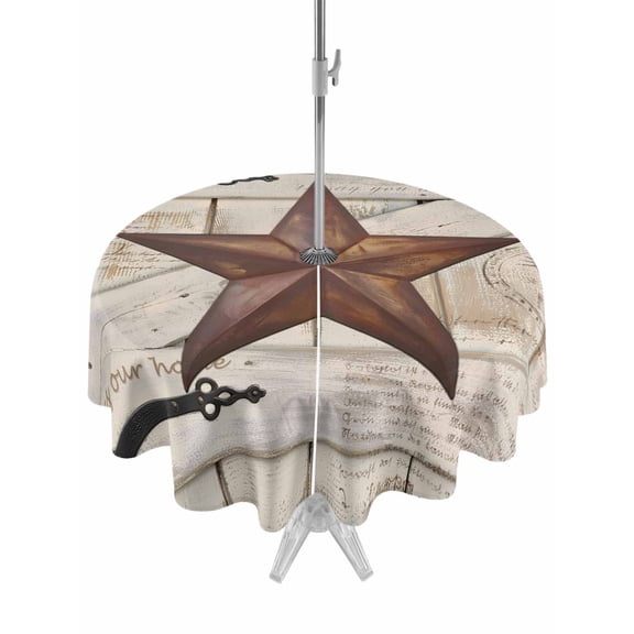 Outdoor Tablecloth with Umbrella Hole and Zipper, Texas Star Vintage Round Table Cloth 60 Inch Waterproof Tablecloth, Retro Brown Berry Wooden Picnic Table Cover for Patio Camping