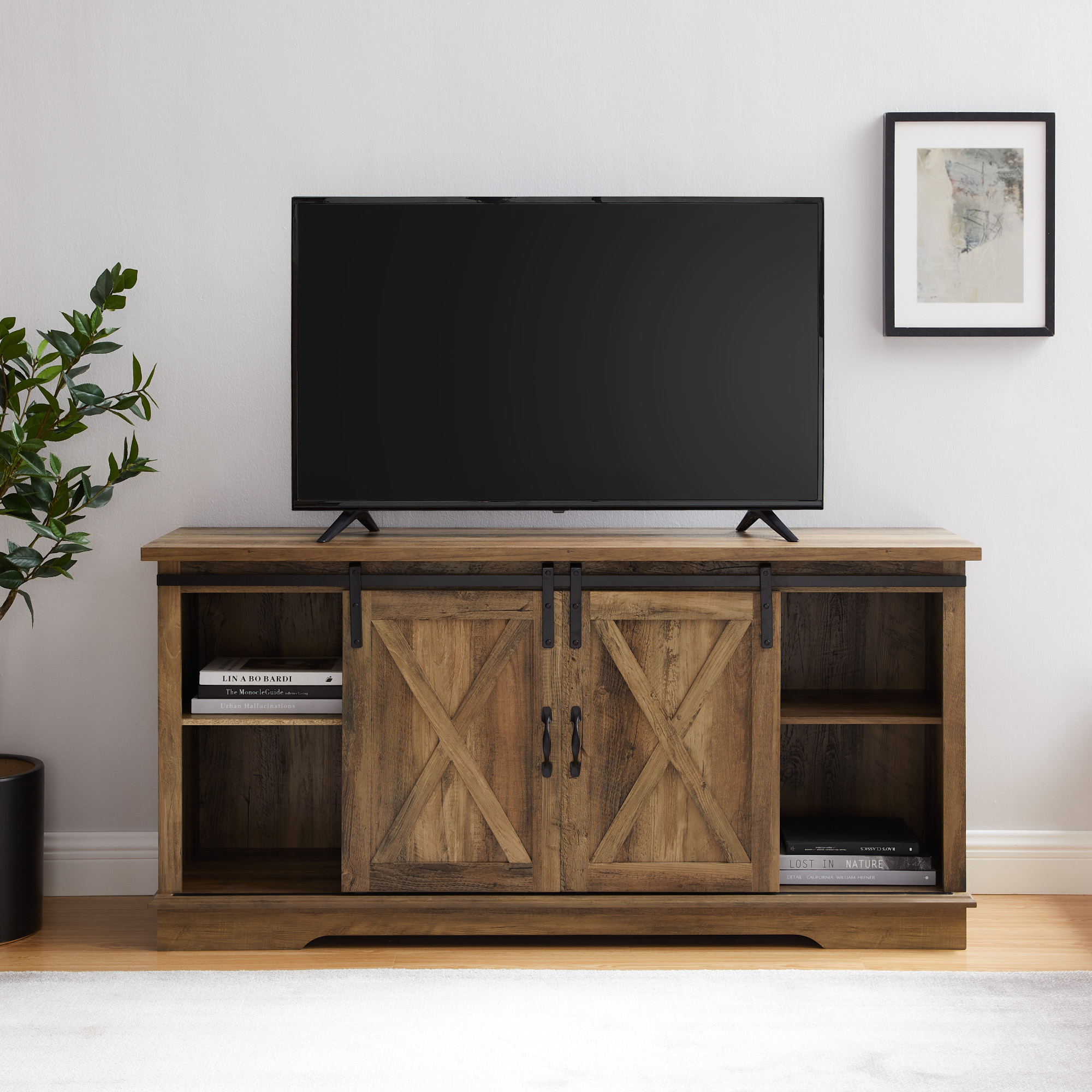 Woven Paths Sliding Farmhouse Barn Door TV Stand for TVs up to 65", Reclaimed Barnwood - image 4 of 11