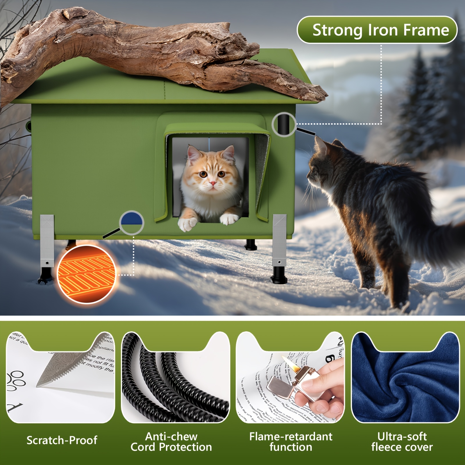 Heated Cat House for Iron pipe style, Extremely Insulated Outdoor Cat House Escape Door, Awning, Elevated Feral Animal Shelter for Winter