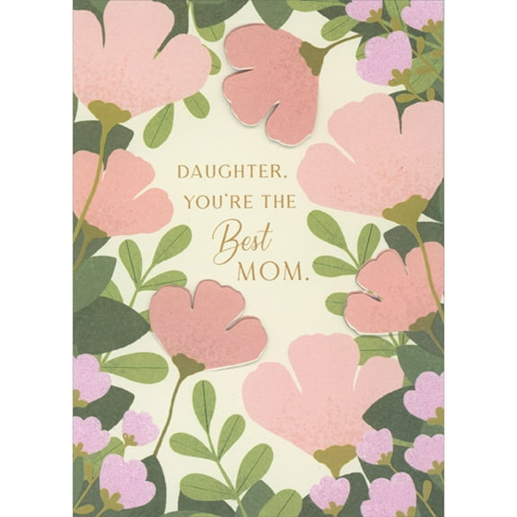 Designer Greetings Pink and Peach 3D Tip-On Flowers and Leaf Border on Light Yellow Hand Decorated Mother's Day Card for Daughter