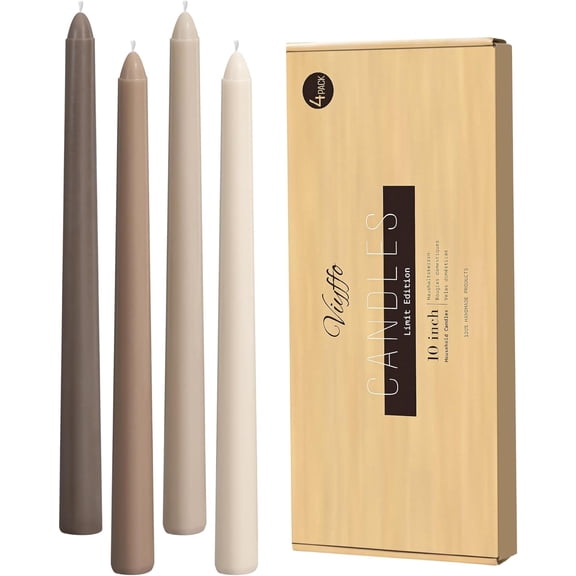 Taper Candles 10 Inch Brown 4 Pack Unscented, Smokeless Long Tall Tapered Candlesticks Wedding Home Decor Dinner Natural Color Series