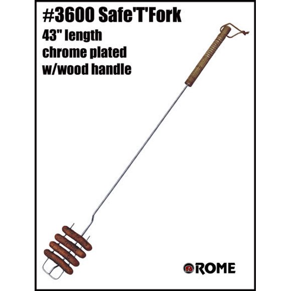 Rome Industry Campfire Roasting Fork 3600 Safe T Fork; 43 Inch Length; Holds Up To 6 Hot Dogs; Chrome Plated; Steel; With Wood Handle