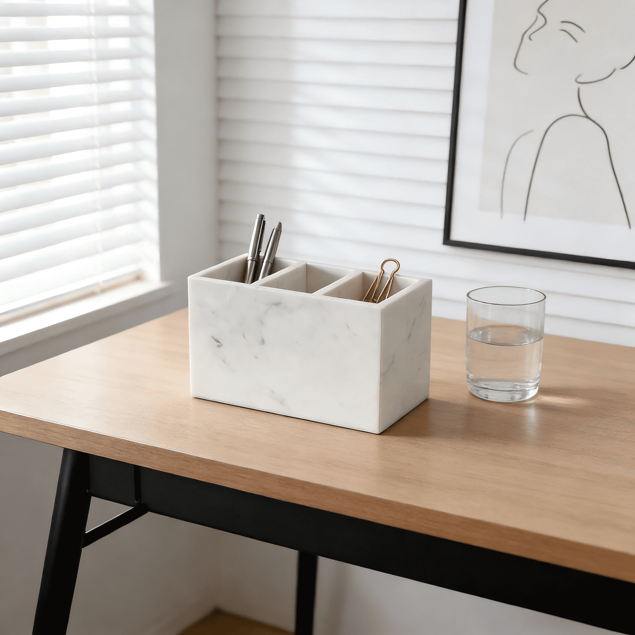 Calacatta Viola Natural Marble Desk Organizer - 3-Compartment Stone Storage Holder with Non-Slip Base for Pens, Makeup Brushes, Office Supplies & Bathroom Tools