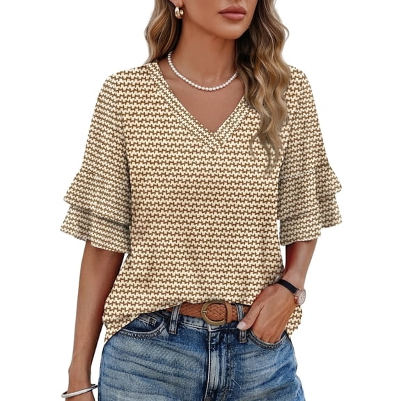 Ronuti Womens Blouses Ruffle Sleeve Top V Neck Shirts Casual Outfit Bell Sleeve Cute Tee Spring Summer Fashion Clothes