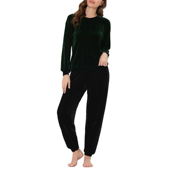 INSPIRE CHIC Women's Velvet Pajamas Set Long Sleeve Top and Pants Soft Warm Sleepwear XS Green