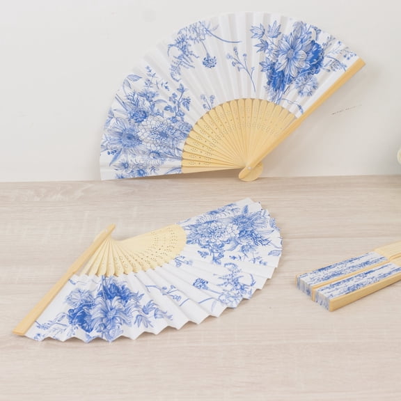 Efavormart 5-Pack Paper Folding Fans in Blue French Toile Pattern, Handheld Party Favors Fan in White & Blue Toile
