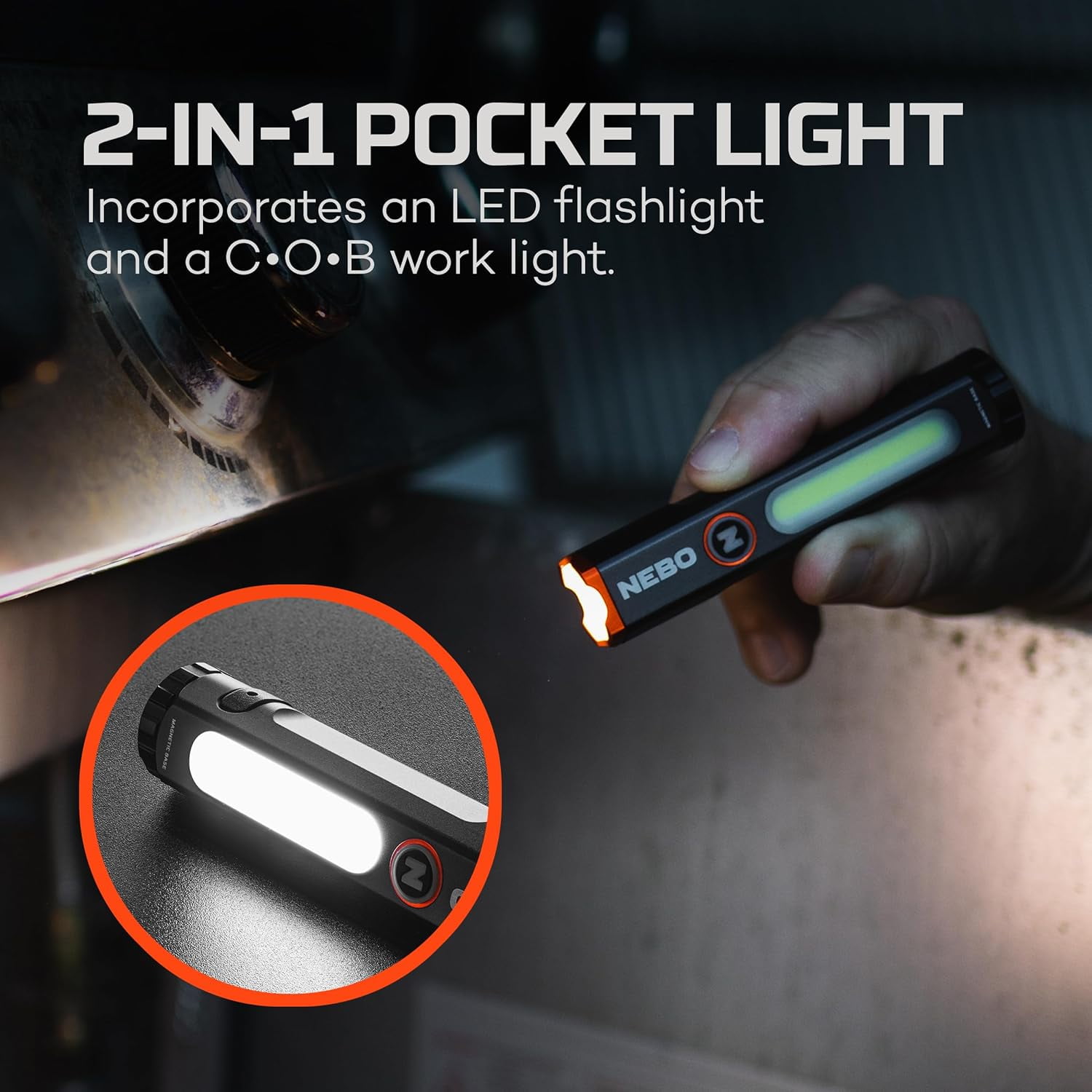NEBO Mini Larry Compact 500 Lumen Rechargeable Waterproof Flashlight with COB Work Light, Clip, Magnetic Base