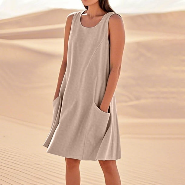 WILLBEST Vestidos Casuales Para Mujer Verano Vestido De Lino Para Mujer Vestido De Playa Informal Hasta La Rodilla Vestido Sin Mangas Vestido Casual Estampado De Verano Con Bolsillos