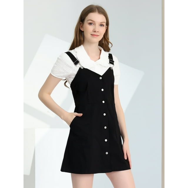INSPIRE CHIC Women's Adjustable Strap Above Knee Button Down Overall Dress with Pockets