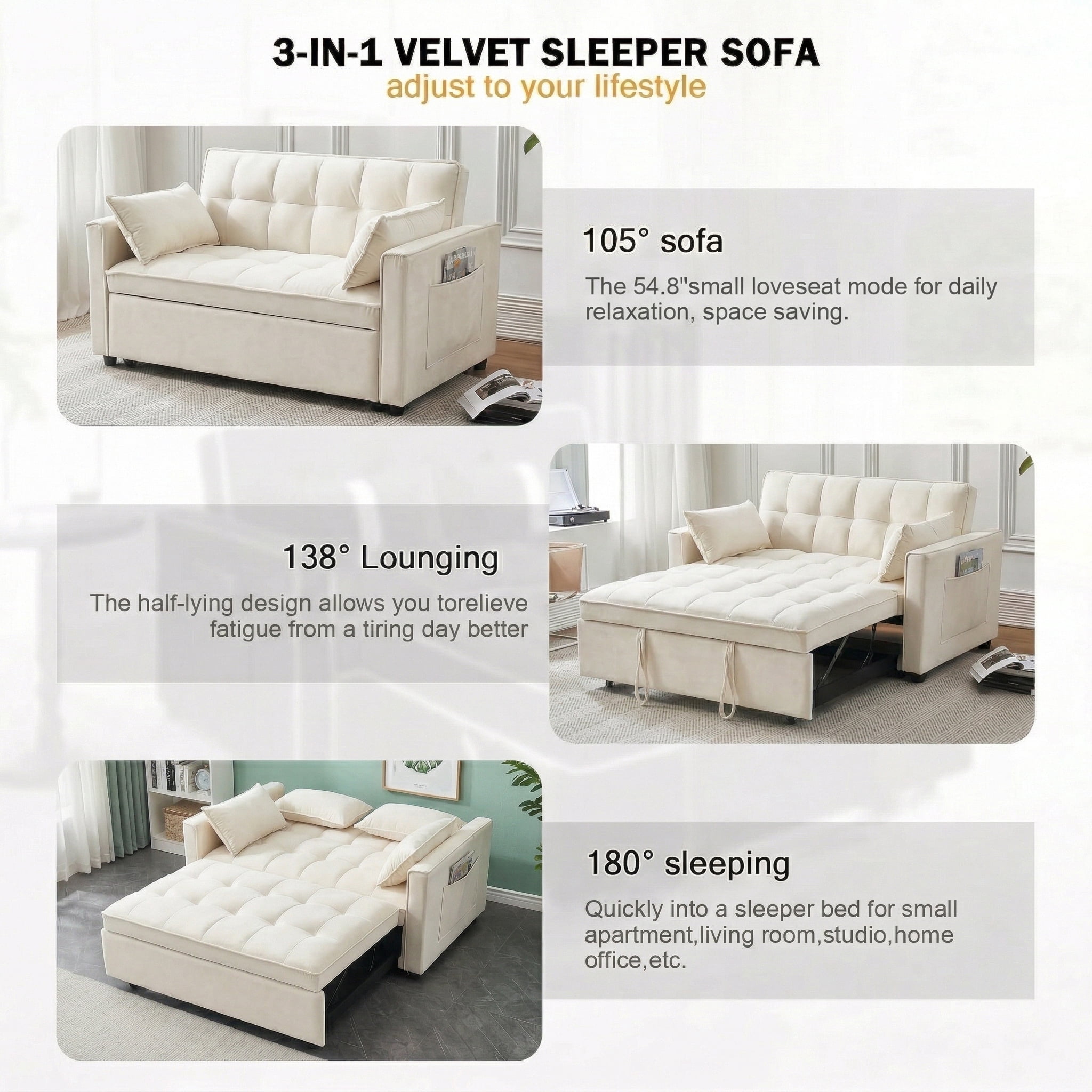 Avobird 3-in-1 Velvet Convertible Sleeper Sofa, Pull Out Couch Bed with Adjustable Backrest & Storage, Beige