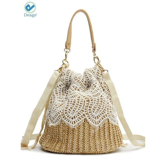 Deago Straw Handbags Women's Summer Beach Straw Bucket Tote Bag Straw Woven Handbag Lace Crossbody Shoulder Bag Purse (Leaves Pattern)