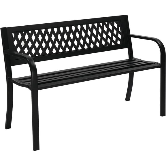 YANG2 Outdoor Metal Bench w/PVC Back - Black Garden Park Bench for Yard, Lawn, Decor, Deck, Entryway, Porch