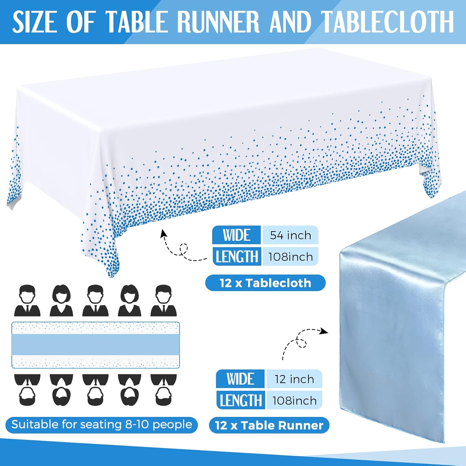 16 Packs Disposable Plastic Tablecloths and Satin Table Runner Set, 54 x 108 Inch Tablecloth Table Runners for Wedding Graduation Birthday Baby Shower