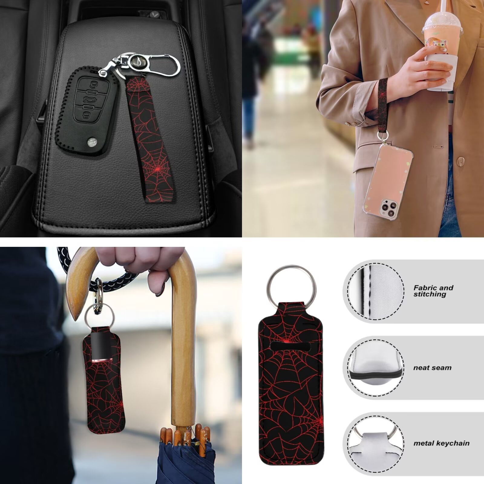 Garronmavis Red Spider Web Car Accessories Set of 13 Pieces Including Front and Rear Seat Covers Armrest Pad Steering Wheel Cover Seat Belt Cover Keychain Lipstick Cover Coasters