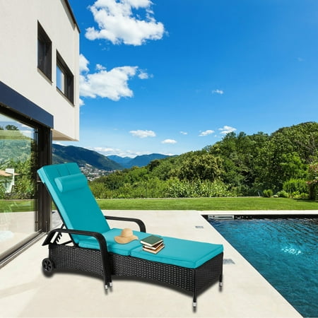 White Wicker Chaise Lounge Chairs Kinbor Outdoor Recliner Black PE Wicker Patio Chaise Lounge Chair Furniture w/Sliding Tray ()