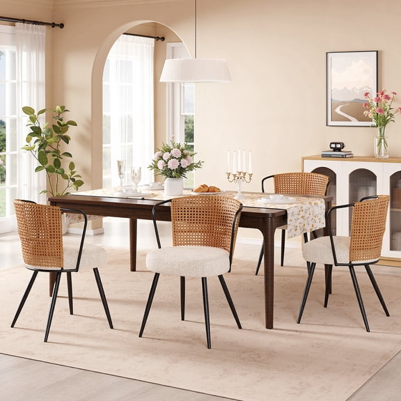 Sailvan Dining Chairs Set of 4, Rattan Upholstered Kitchen & Dining Room Chairs Accent Chairs with Lamb Fleece Fabric Cushion, Black