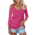 thumbnail image 2 of LEBONYARD Womens Tops Clearance under $5 Fall Fashion,Long Sleeve Shirts for Women up to 50% off,Women Solid 3/4 Sleeve V-Neck Pullover Strapless Tops Shirts Blouse Hot Pink S, 2 of 7