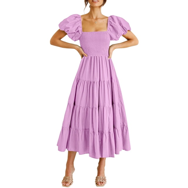 Vestido PRETTYGARDEN de manga abullonada, escote cuadrado, largo midi, color lila claro, talla L