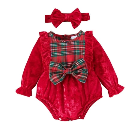 

Girls Christmas Long Sleeve Plaid Prints Romper Bowknot Ribbed Bodysuits Headbands Outfits Dresses for Baby Baby Clothes for A Girl Big Girl Clothes Coverall Baby Girl Summer Clothes for Big Girls