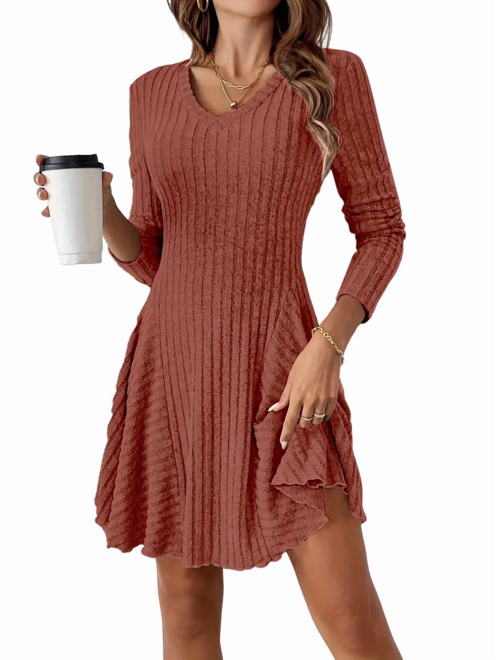 Women Long Sleeve Ribbed Knit Short Dresses Fall Winter V Neck Casual Swing A Line Sweater Dress
