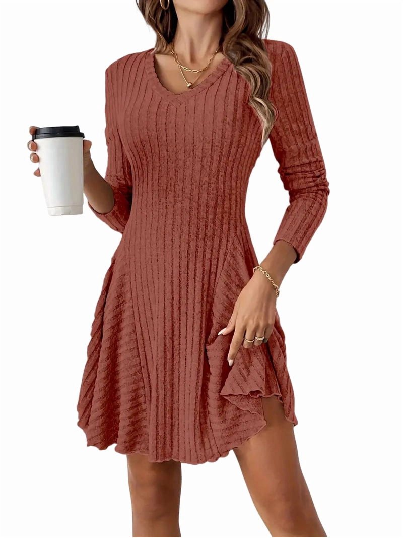 Women Long Sleeve Ribbed Knit Short Dresses Fall Winter V Neck Casual Swing  A Line Sweater Dress Red XXL
