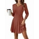 thumbnail image 2 of Vestido Corto de Punto Acanalado de Larga para Mujer, Otoño e Invierno, Cuello en V, Informal, Corte A Rojo Ladrillo L, 2 of 7