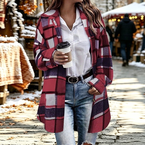QUNYINEY Women's Coats Plaid Tweed Button Down Lightweight Overcoat Long Sleeve Collar Casual Womens Jacket