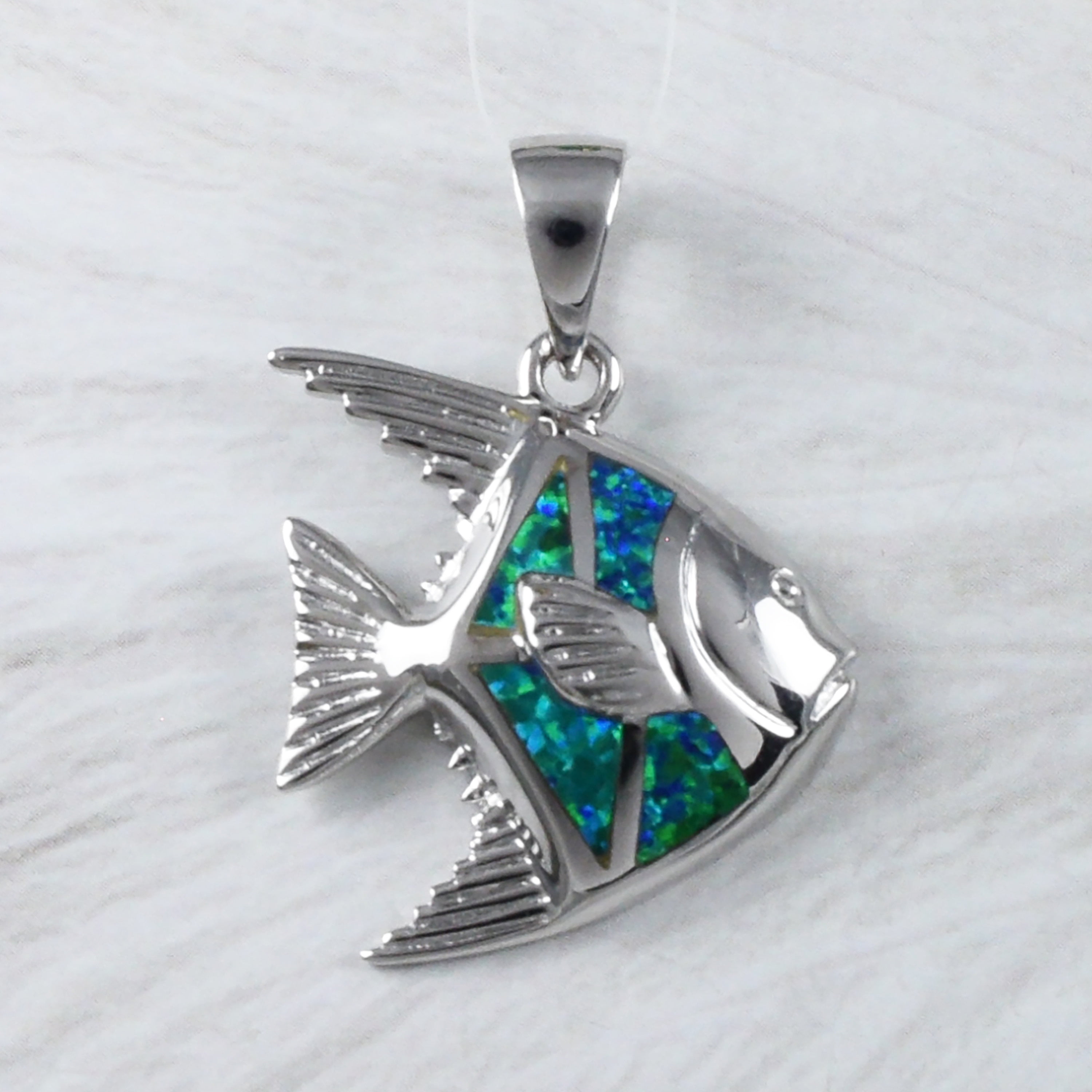 Unique Hawaiian Blue Opal Angel Fish Necklace, Sterling Silver