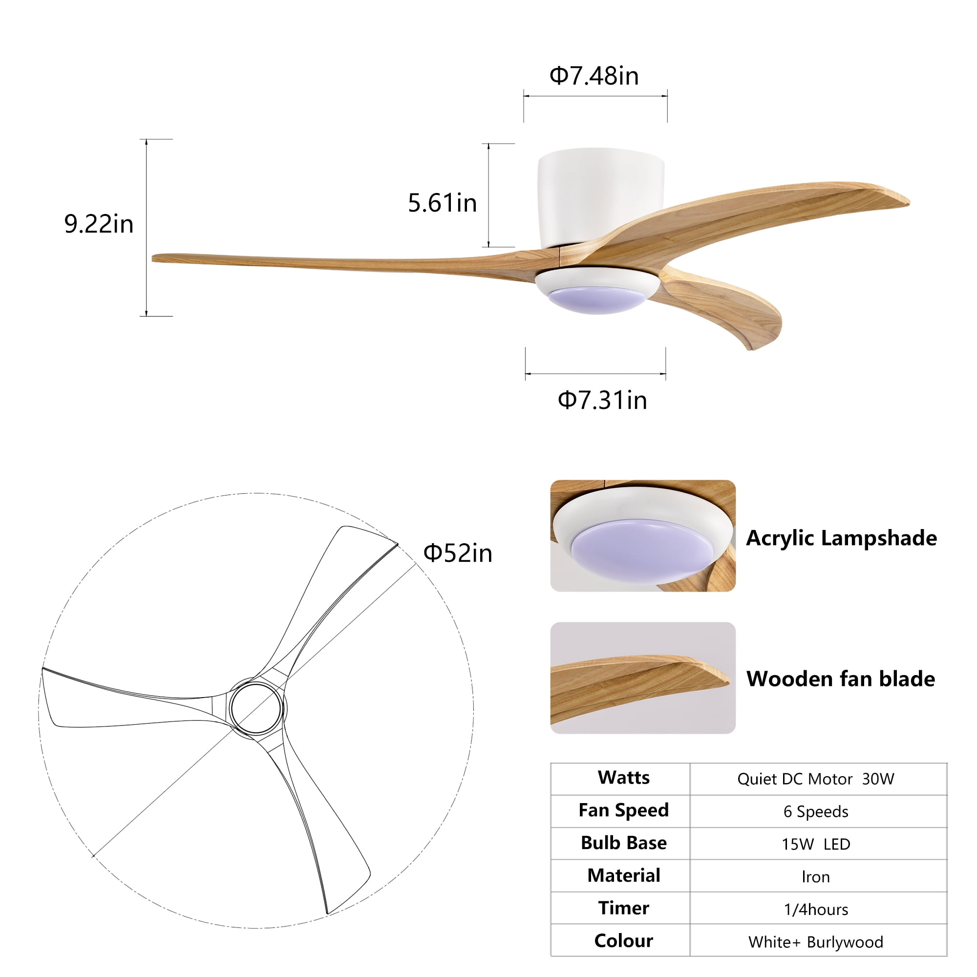 Ceiling Fan with Light, 52 Inch Reversible Noiseless Fan for Home Indoor Living Bedroom, Matte White Natural Wood