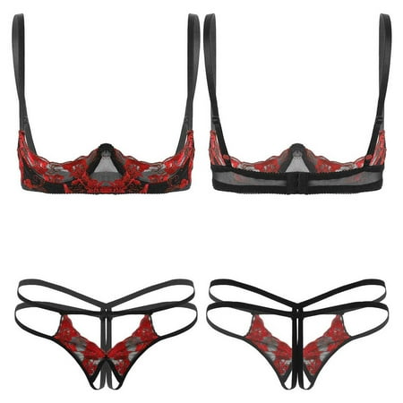 Aiihoo Women s Embroidery Lace Lingerie Set Spaghetti Straps Exposed Breasts Bra Top with G-string Briefs Red One Size