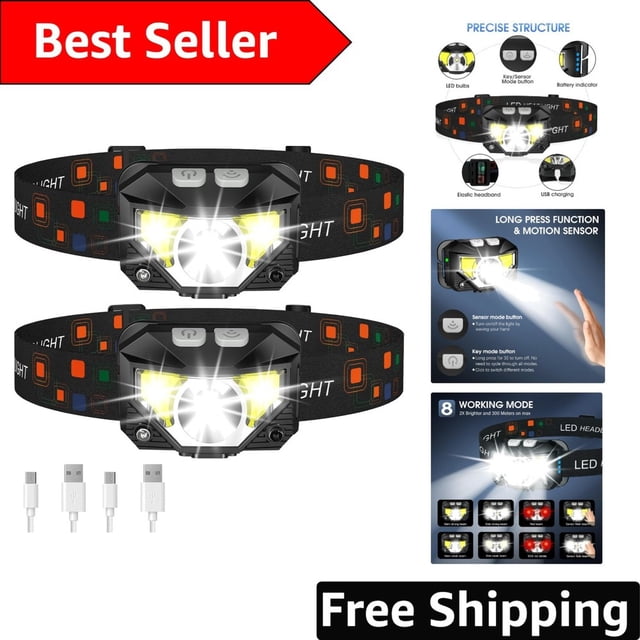 2-Pack Rechargeable Headlamp with Motion Sensor & Waterproof Design for Camping
